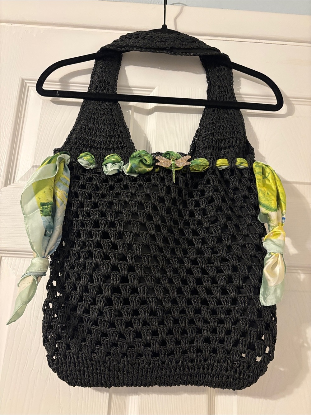 Black Woven Tote Bag with Green Accent Scarf size medium, very comfortable